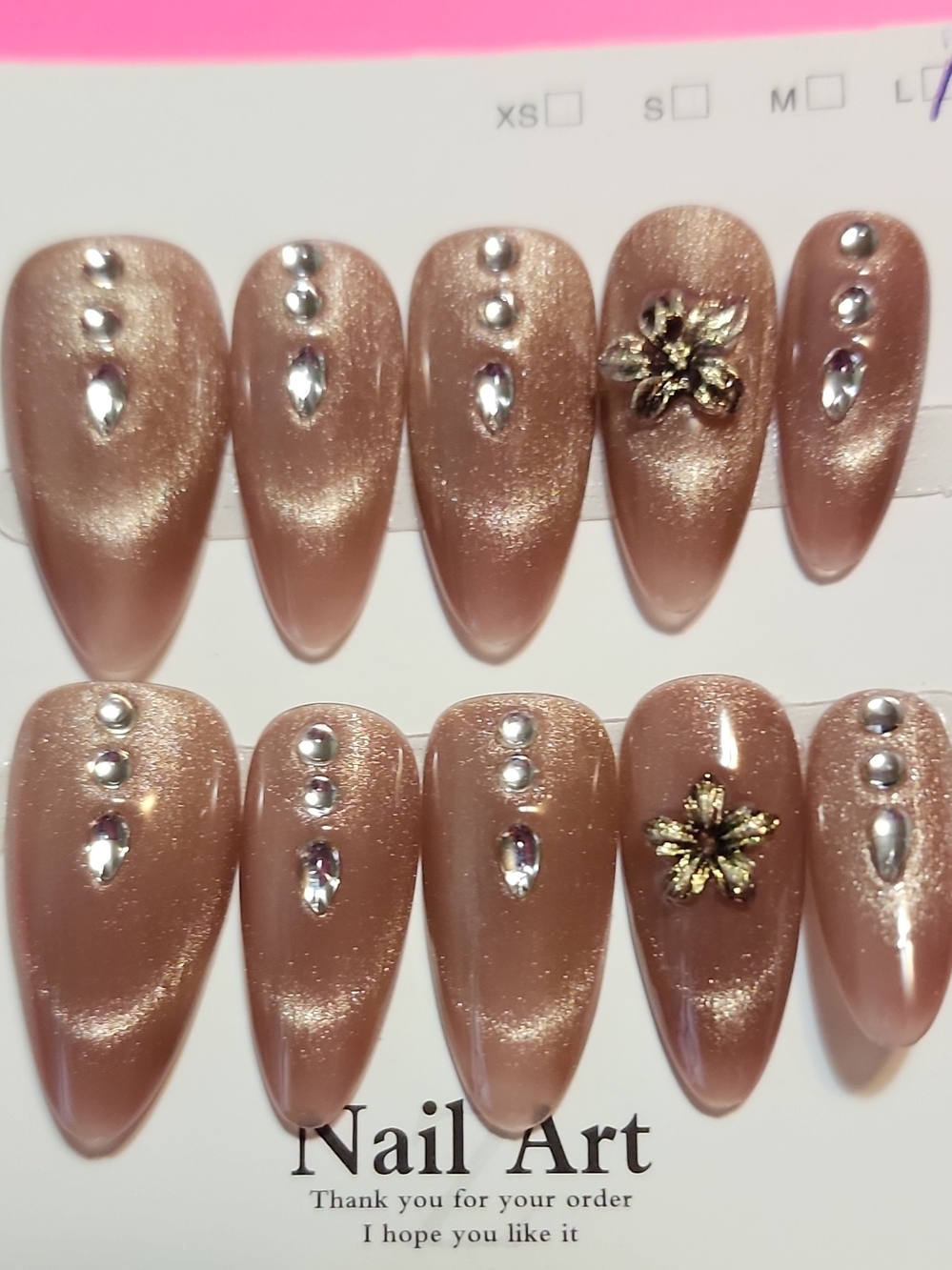 Shimmering Champagne Press-On Nails with Gold Floral Accent - Women Makeup